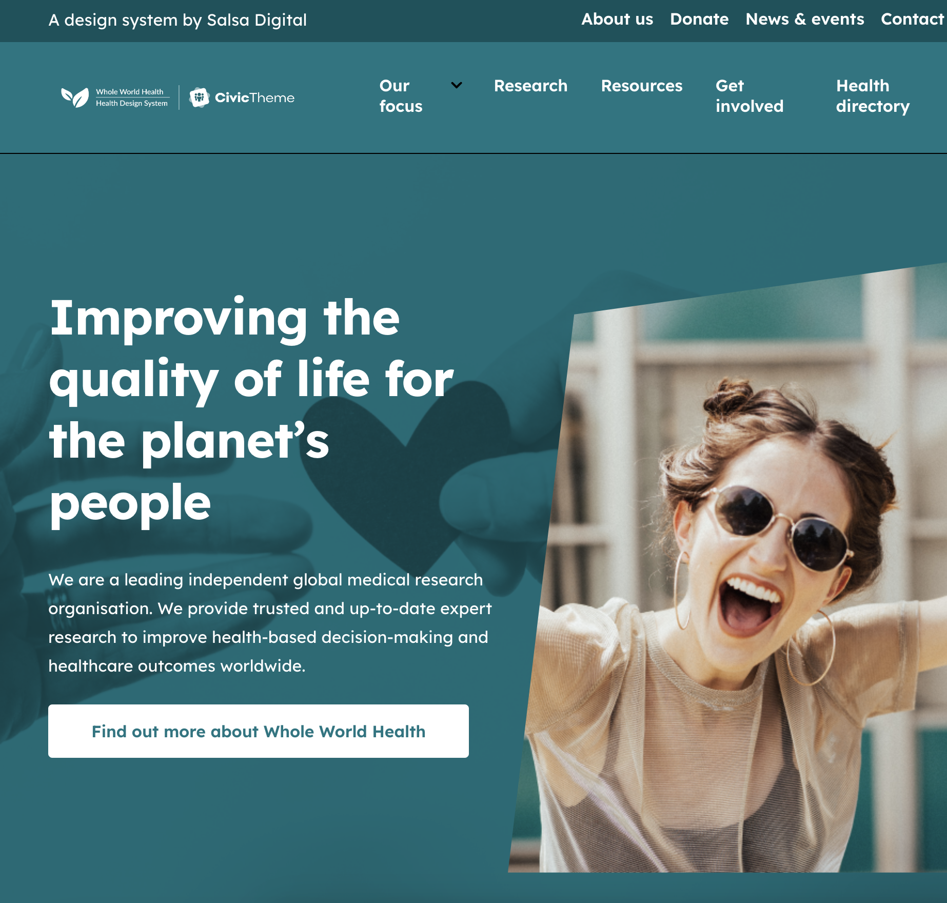 CivicTheme health home page example with banner in teals and white